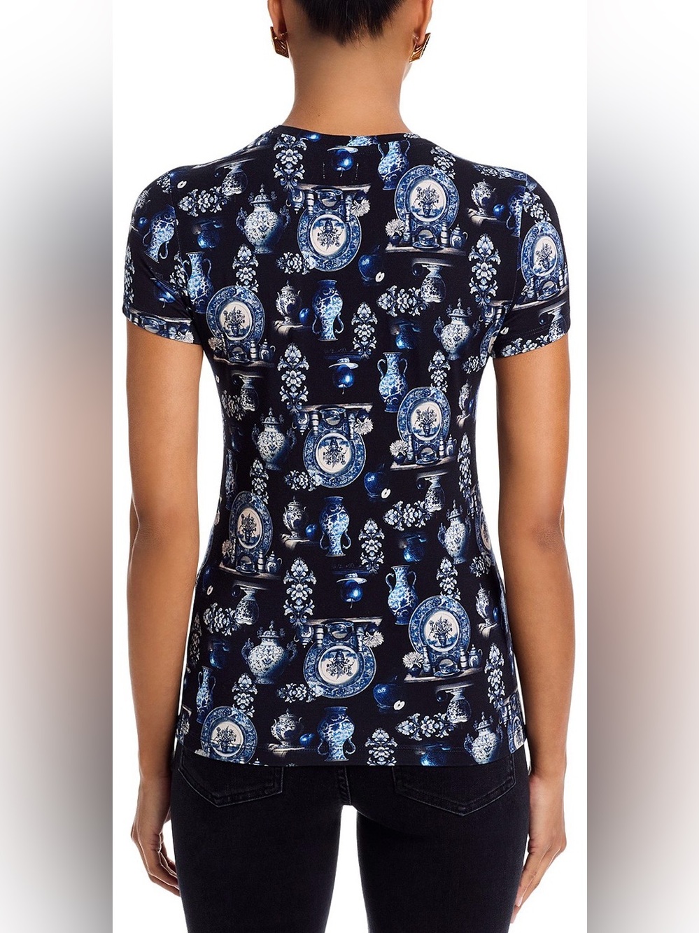 L'AGENCE Ressi Porcelain-Print Short Sleeve Crewneck Tee - Black & Blue - Picture 3 of 7